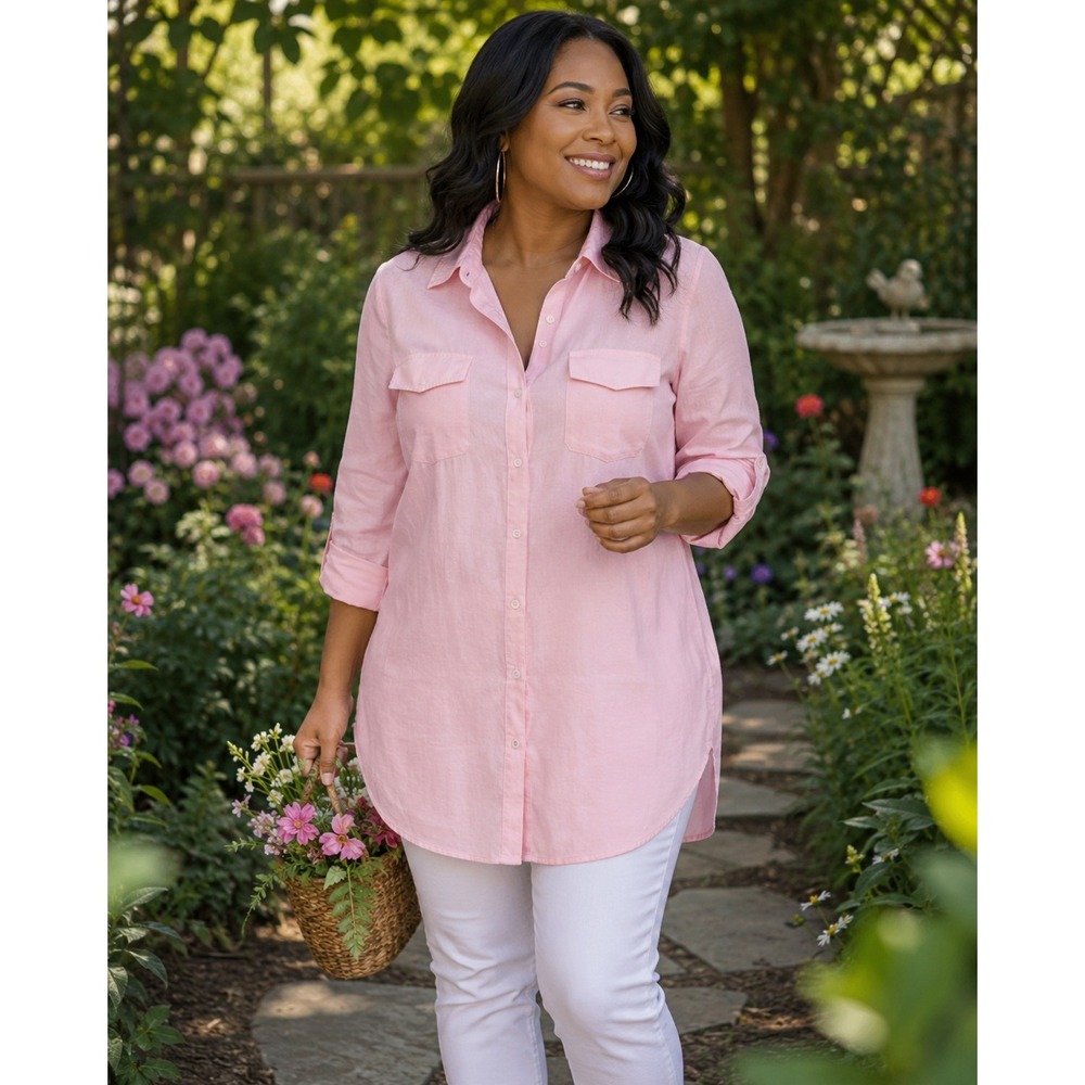 Womens Pink Long Sleeve Button Down Tunic Shirt Chest Pockets Size XL